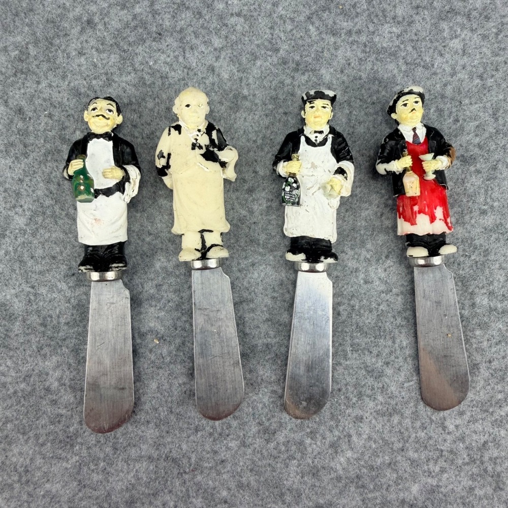 Vintage Guy Buffet Figural Butter Knives Spreaders Set 4 Chef Waiter Utensils